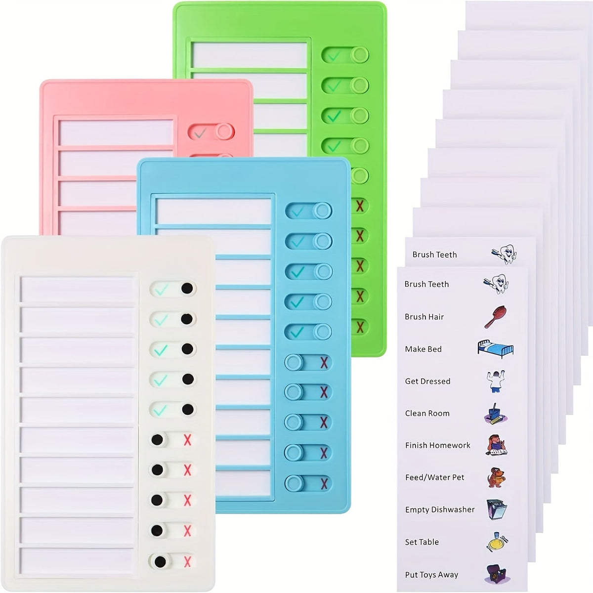 Lot de 4 tableaux de corvées – Tableaux de tâches à cocher en plastique avec 10 listes de tâches détachables en papier cartonné pour l'organisation de la routine domestique, les corvées des enfants, le planning familial et le suivi des tâches quotidiennes