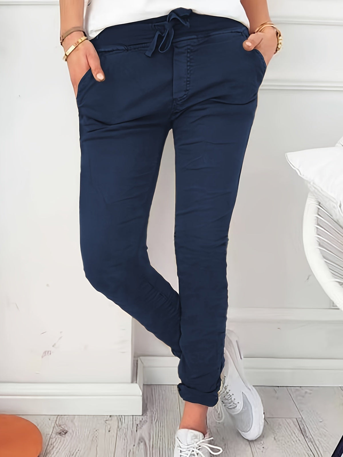 Pantalon slim pour femme, taille élastique à cordon, coupe ajustée, longueur longue, pantalon décontracté, noir, bleu marine, abricot, vert olive, S M L XL XXL, printemps automne