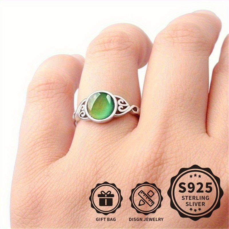 Bague d'humeur en argent sterling 925 avec changement de couleur thermosensible et incrustation d'opale – Bague unisexe créative pour hommes et femmes, légère (3,2 g), idéale pour le quotidien et les fêtes, tailles 6 à 9