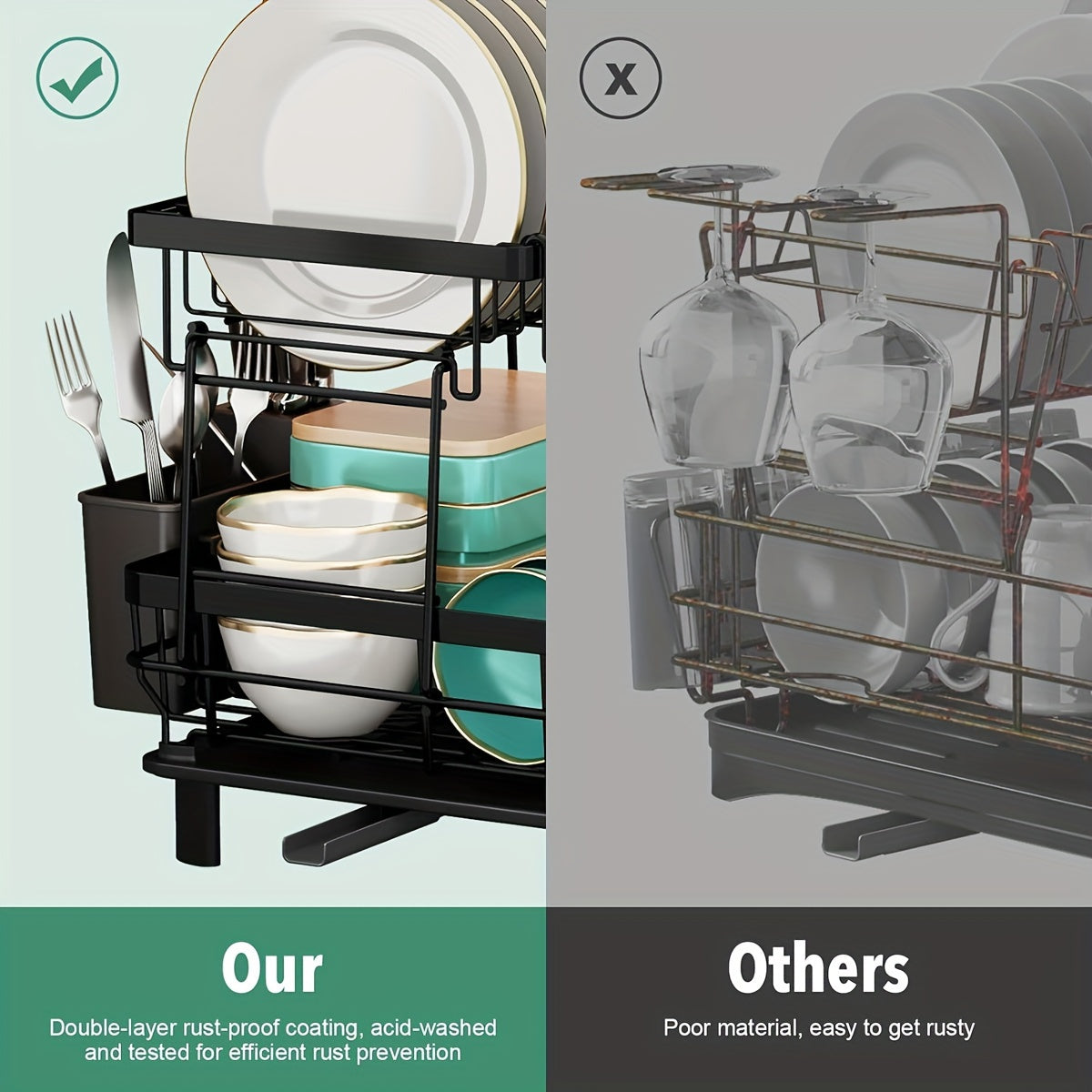 Égouttoir à vaisselle à 2 niveaux avec plateau d'égouttage et porte-ustensiles amovible – Égouttoir grande capacité pour comptoir de cuisine, égouttoir pour vaisselle, ustensiles de cuisine et couverts – Design peu encombrant
