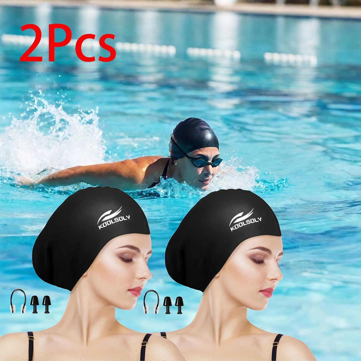 Lot de 2 bonnets de bain en silicone avec protection auditive pour cheveux longs – Inclut bouchons d'oreilles et pince-nez, ensemble de bonnet de bain étanche, 11 options de couleurs pour femmes, hommes et adultes