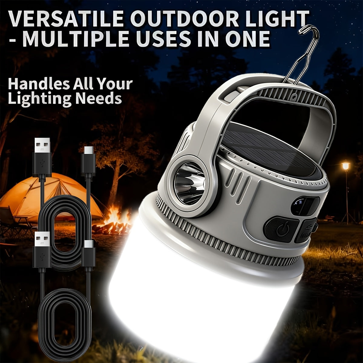 Lanterne de camping LED solaire rechargeable 6 modes - Batterie externe USB, crochet, autonomie 4-8 heures, éclairage extérieur portable pour camping sous tente, randonnée, alpinisme et urgence