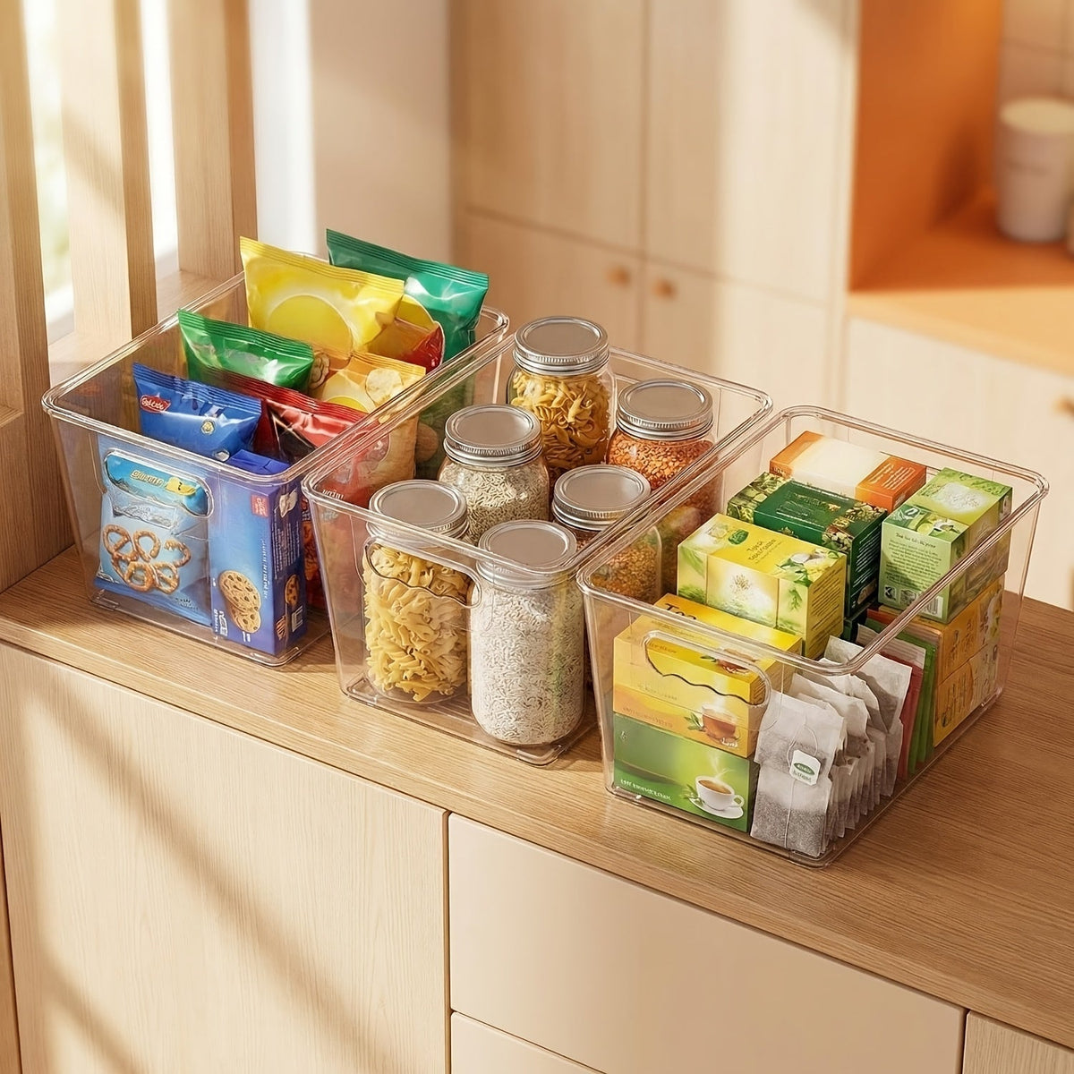 Lot de 6 bacs de rangement transparents empilables avec couvercles et poignées – Récipients organisateurs de garde-manger en plastique moyen pour cuisine, réfrigérateur, placard, armoire et salle de bain | 25,4 x 15,2 x 12,7 cm chacun