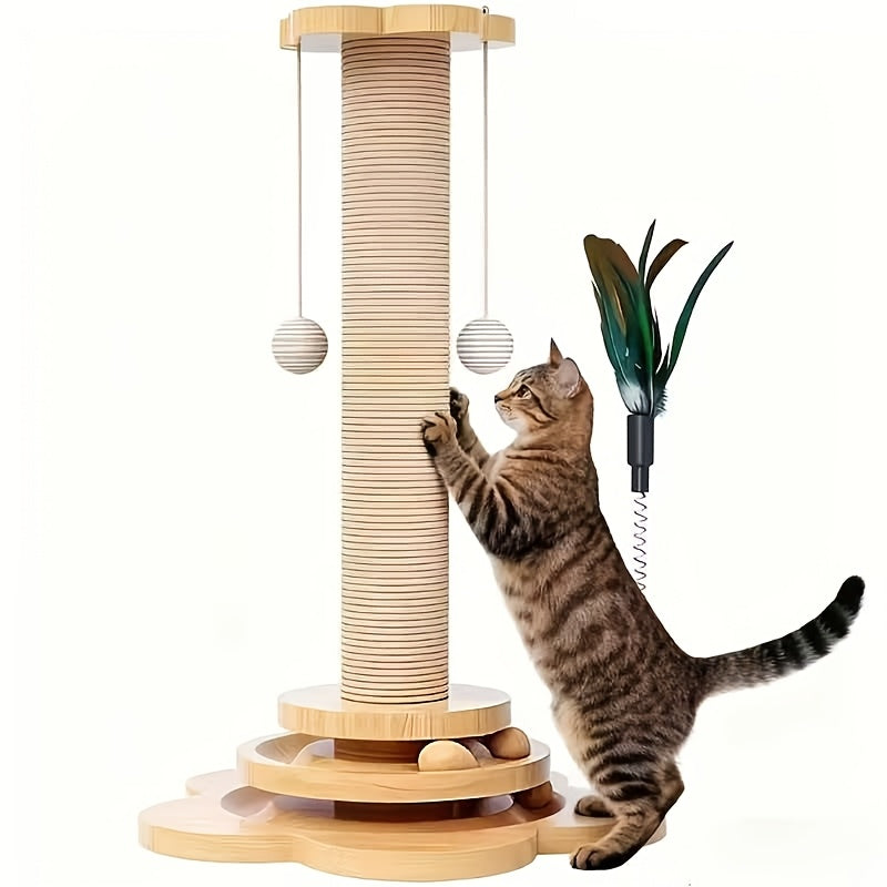 Arbre à chat en bois 5-en-1 avec griffoir pour chats d'intérieur, poteau en sisal, circuit à balles sur 2 niveaux, jouet interactif à plumes et balles suspendues, mobilier pour chatons et chats adultes