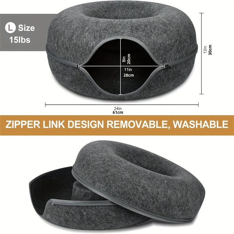 Lit tunnel pour chat, cachette d'intérieur - Tunnel pour chat en forme de beignet, pliable et utilisable en toute saison, avec ouverture pour chats d'intérieur, peluche douce, gris foncé et gris clair, disponible en 50 et 60 cm, cadeau idéal pour chat