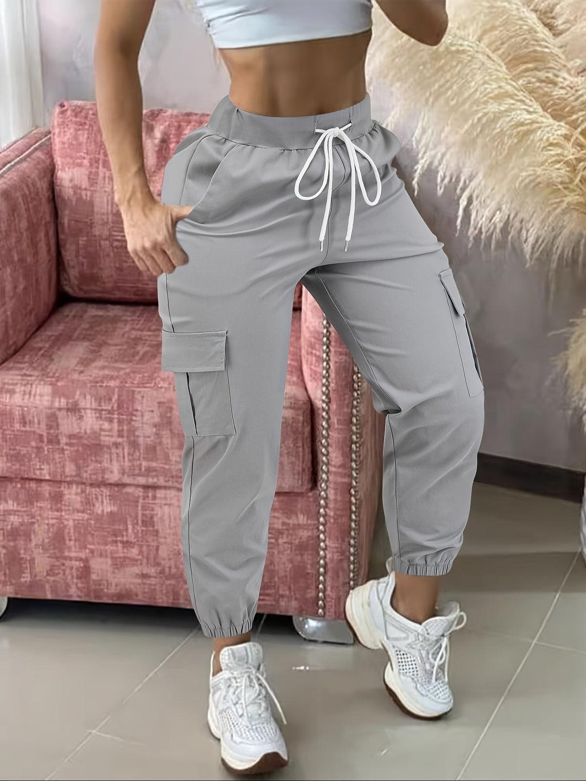 Pantalon cargo femme, taille cordon de serrage, poches multiples, ourlet effiloché, confort toute saison, coupe décontractée, tenue décontractée - Noir Kaki Olive Gris Marine Gris foncé S M L XL XXL Tissu extensible tissé