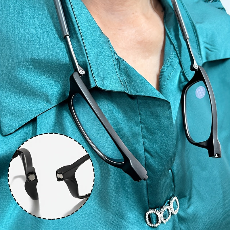 4 paires de lunettes de lecture magnétiques pliables à suspendre au cou pour hommes et femmes – Monture presbyte rétro carrée ultralégère, design télescopique anti-chute portable, puissances de +1,0 à +4,0 pour le port quotidien au bureau