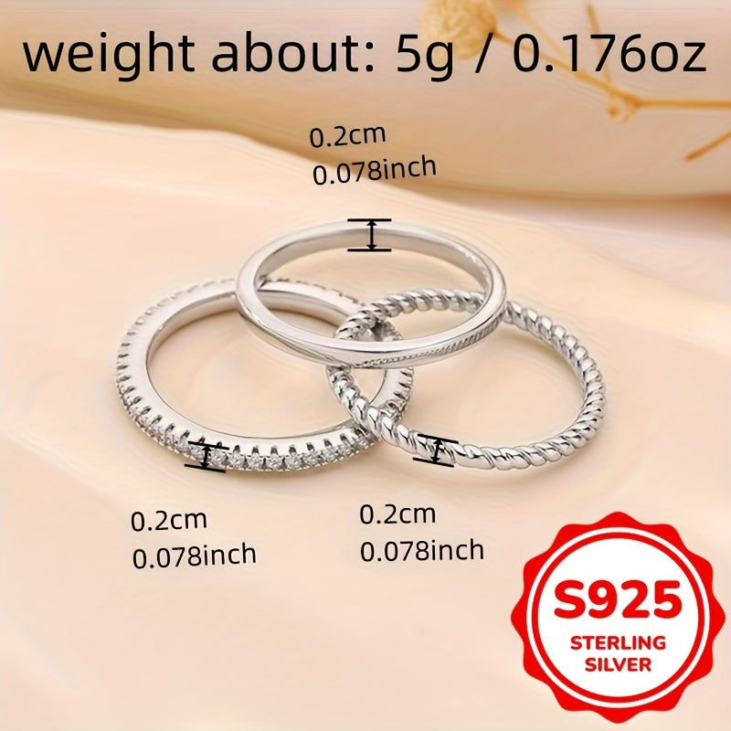 Ensemble de 3 bagues empilables pour femmes en argent sterling 925 – Pierre de naissance d'avril en zircon cubique, élégantes et légères (1 g chacune), tailles 6 à 10, ensemble de bijoux pour le quotidien et les fêtes