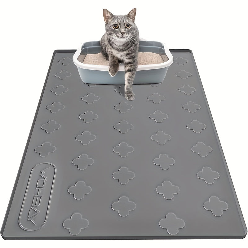 Tapis de litière pour chat en silicone XXL 3-en-1 – Protection de sol lavable et antidérapante avec bords surélevés, retient la litière, les croquettes et les miettes, tapis d'alimentation pliable pour chats, 86 x 56 cm, gris clair et gris foncé