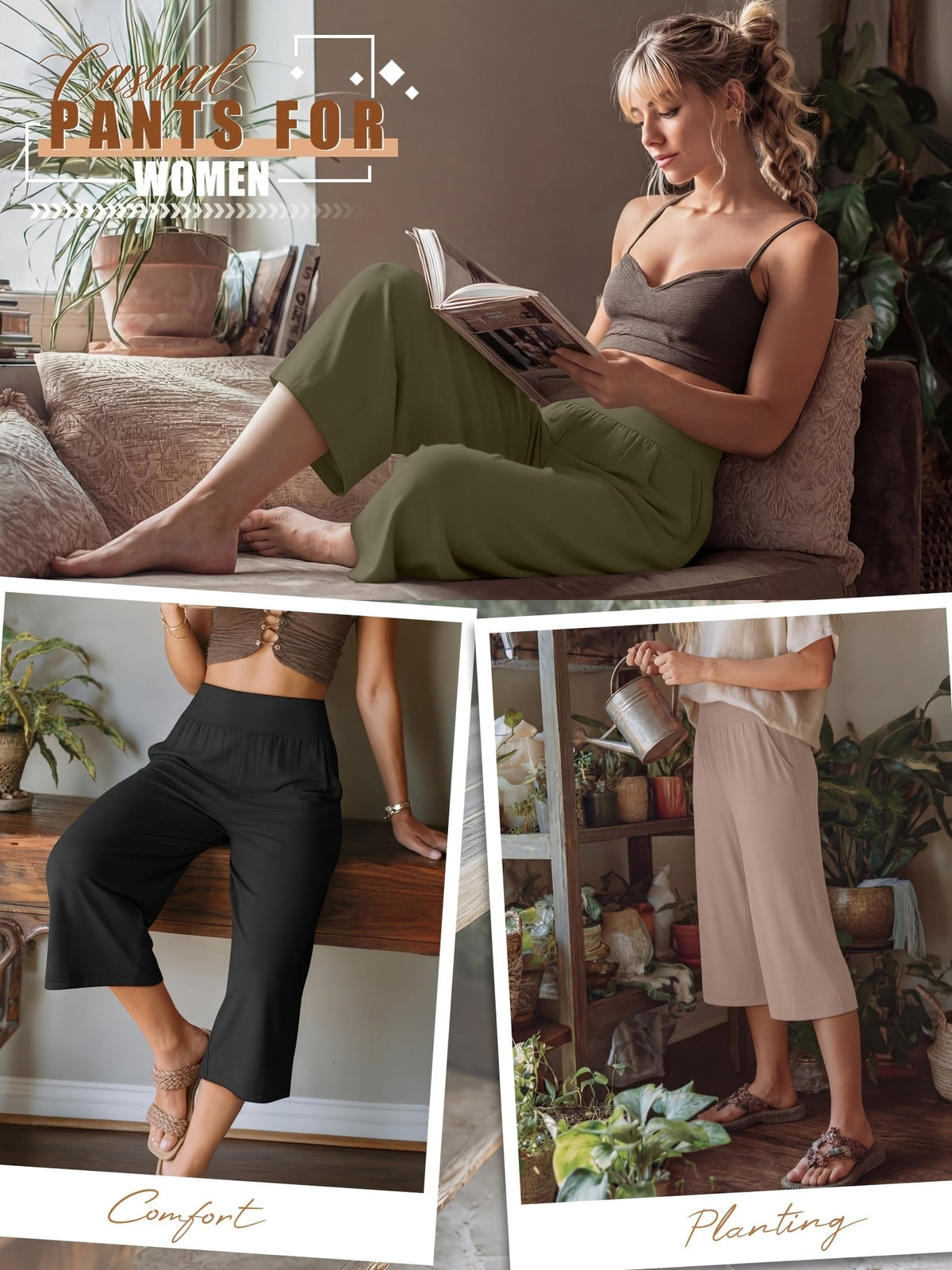 Lot de 3 pantalons Capri pour femme – Pantalons de jogging amples style détente, coupés avec poches et taille élastique, pantalon Capri de yoga pour le printemps, l'été, l'automne et les tenues décontractées du week-end