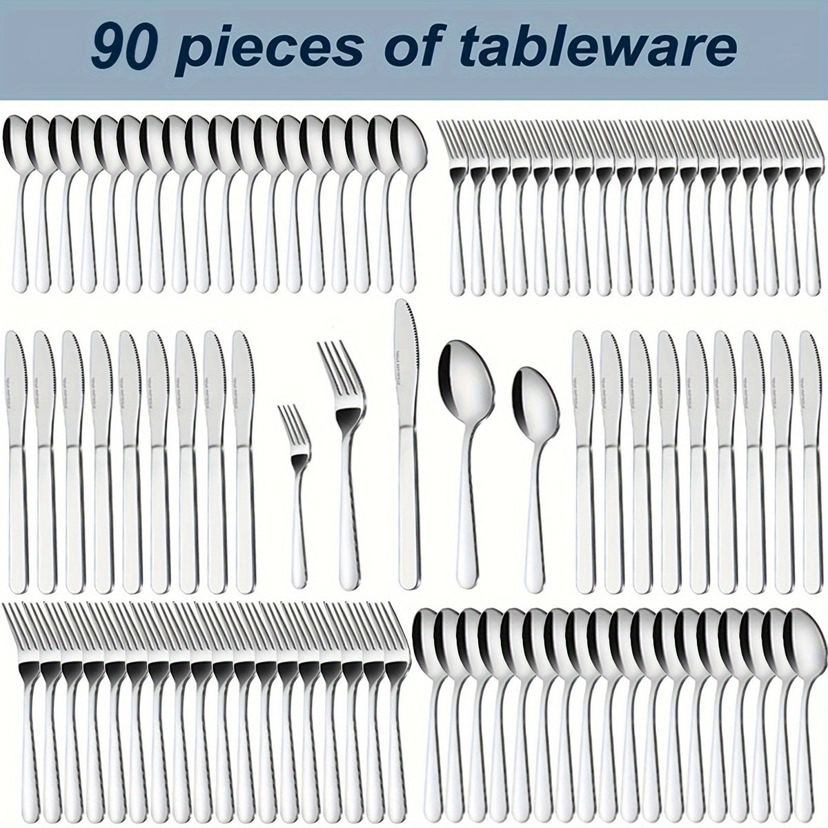 Ensemble de couverts en acier inoxydable 60/90 pièces – Argenterie pour 12 à 18 personnes avec coffret cadeau, couteaux à steak, fourchettes à salade, cuillères à dessert, lavable au lave-vaisselle, pour la maison, mariage, camping, fête, Halloween