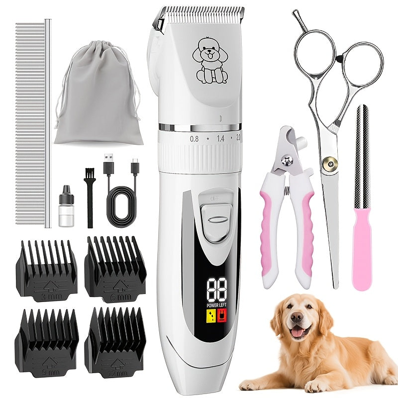 Kit de toilettage pour chien, tondeuse électrique sans fil silencieuse – batterie au lithium rechargeable, tondeuse pour poils épais avec ciseaux et peigne pour chiens et chats de petite et grande taille, plusieurs options de kit disponibles