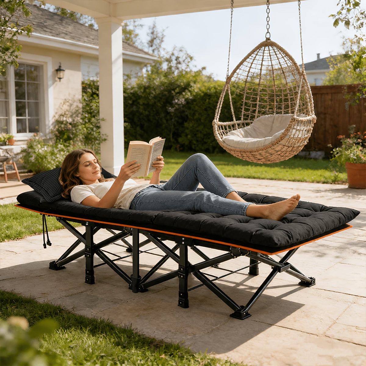 Lit pliant ultra-résistant supportant jusqu’à 285 kg avec matelas en option – Lit de camp portable avec pieds de support multiples, poches latérales et oreiller, lit d'appoint toutes saisons de 150 à 195 cm, peu encombrant