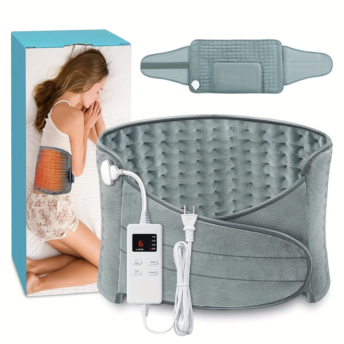 Ceinture chauffante électrique pour soulager les maux de dos, 30 x 60 cm – 6 niveaux de chaleur (40-65°C), arrêt automatique après 6 heures, 4 minuteurs, tour de taille réglable (60-115 cm), coussin chauffant lavable pour hommes et femmes