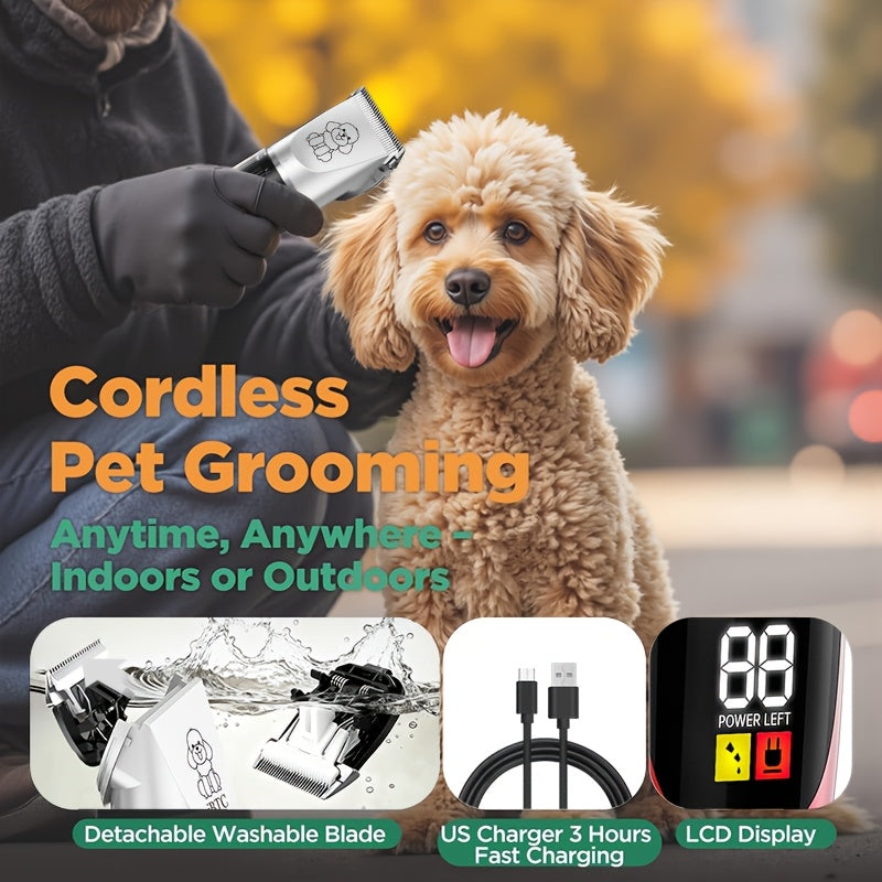 Kit de toilettage pour chien, tondeuse électrique sans fil silencieuse – batterie au lithium rechargeable, tondeuse pour poils épais avec ciseaux et peigne pour chiens et chats de petite et grande taille, plusieurs options de kit disponibles