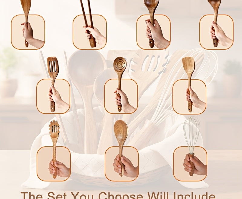 Ensemble d'ustensiles de cuisine en bois 3/5/7 pièces, cuillères, spatules, spurtle, louche et spatule à wok en bois naturel avec poignées ergonomiques, outils de cuisine robustes, résistants à la chaleur et sans danger pour les revêtements antiadhésifs