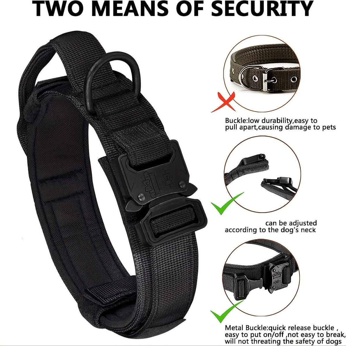 Ensemble collier et laisse tactiques pour chien – Polyester robuste et réglable avec boucle et anneau en D en métal pour toutes les tailles de chiens, collier et laisse d'entraînement de style militaire en noir et kaki, tailles M et L