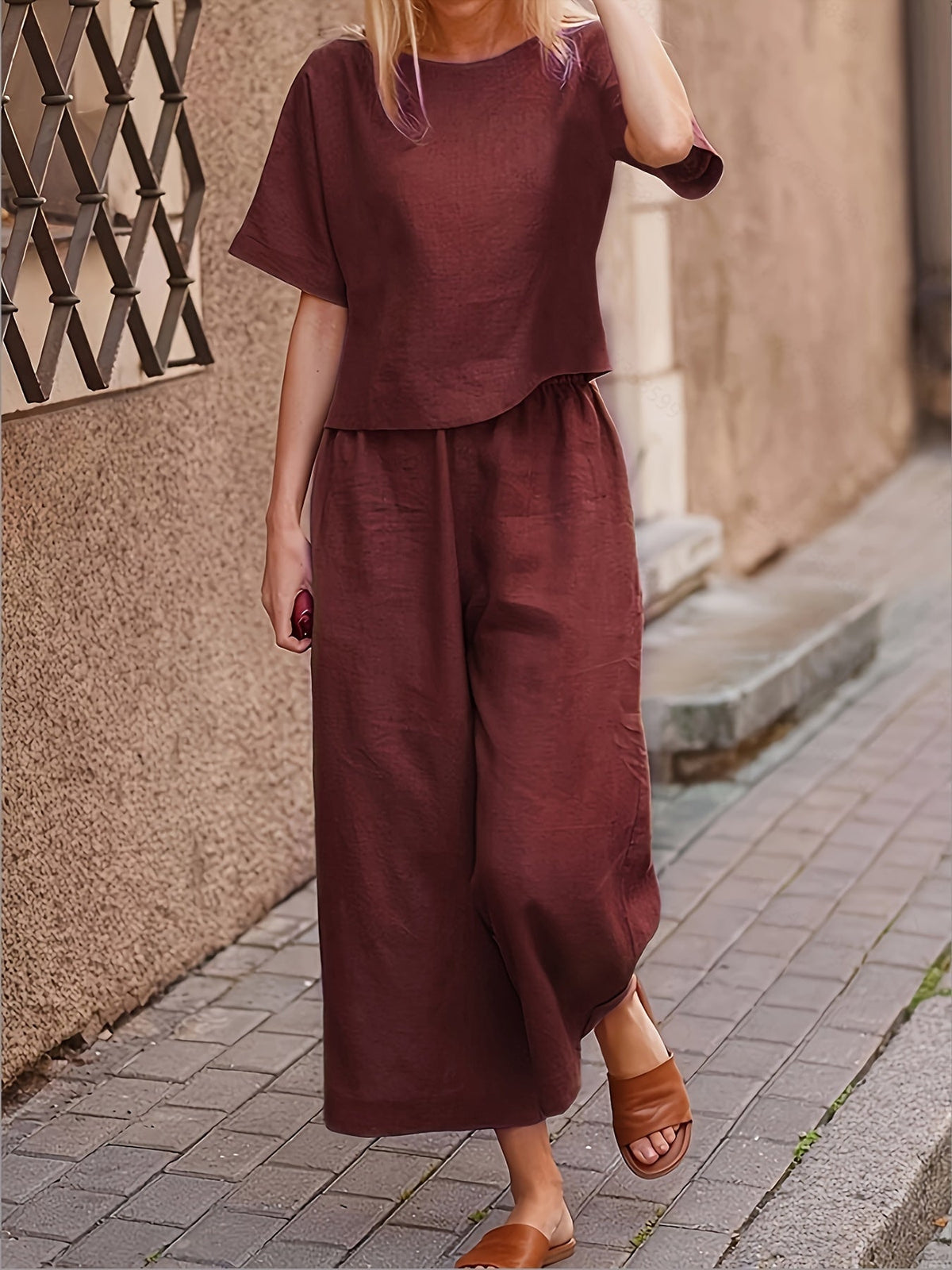 Ensemble tailleur pantalon 2 pièces pour femme, élégant et décontracté, haut à manches courtes et col rond, pantalon large, tenue ample toutes saisons, S M L XL XXL
