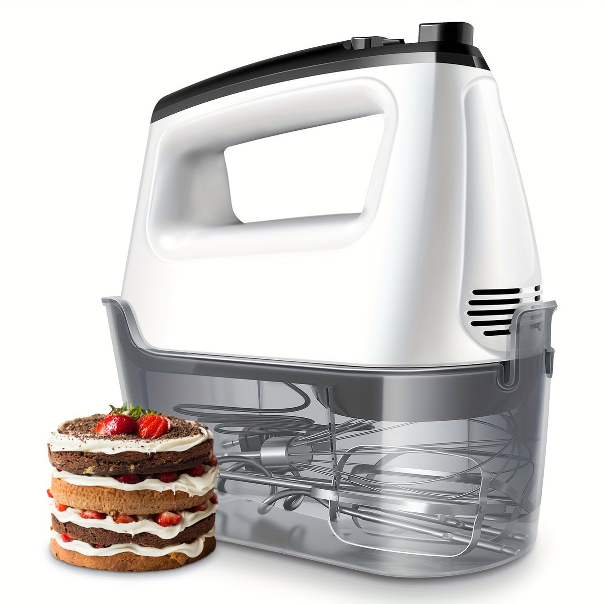 Batteur à main électrique 5 vitesses avec fonction turbo, coffret de rangement et 5 accessoires en acier inoxydable - 2 fouets, 2 crochets pétrisseurs, 1 fouet ballon, batteur à main de cuisine pour la pâtisserie, argenté