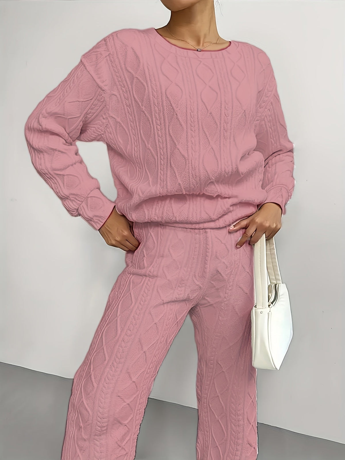 Ensemble survêtement 2 pièces pour femme – Haut à manches longues et col rond en jacquard texturé et pantalon de jogging, tenue de détente décontractée et respirante pour le printemps et l'été S-XXL