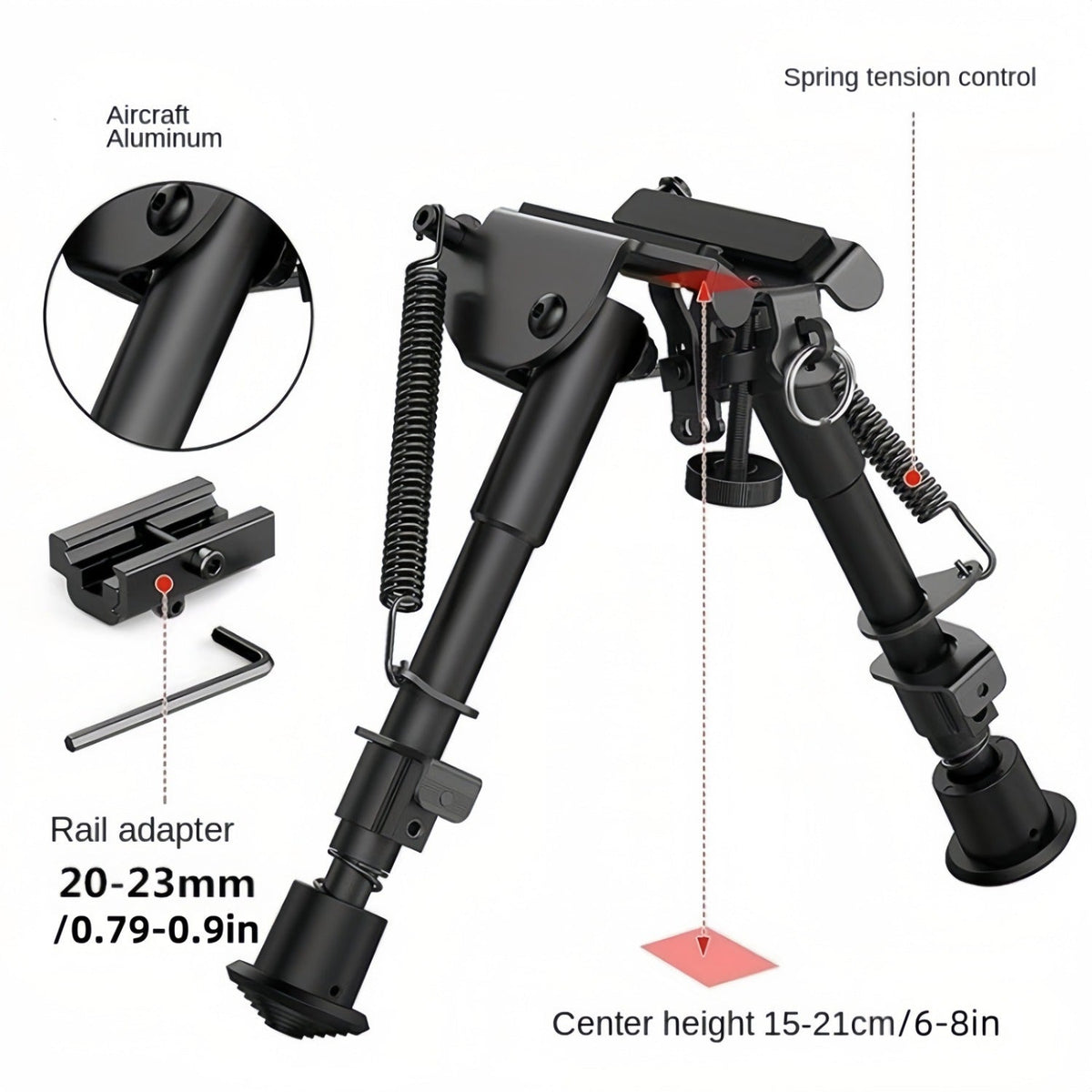Bipied de tir réglable 6-9 pouces, 5 hauteurs, adaptateur à démontage rapide, pliable, rétractable, alliage d'aluminium léger, montage M-LOK, pieds en caoutchouc pour la chasse, le tir et les sports de plein air