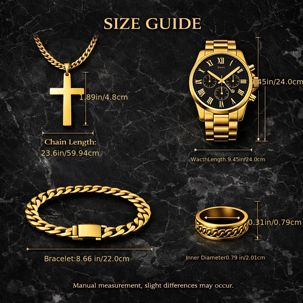 Coffret cadeau montre mécanique de luxe et bijoux pour homme, 4 pièces – Bracelet, collier et bague vintage en alliage galvanisé, ensemble d'accessoires élégants style business décontracté pour Noël, la Saint-Valentin et les fêtes