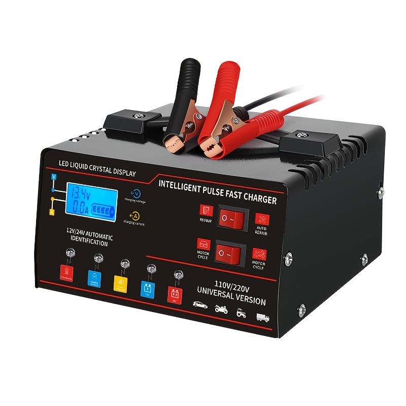 Chargeur de batterie universel intelligent 12V 24V avec écran LCD, réparation par impulsion, maintien de charge pour voiture, camion, moto, bateau, tondeuse à gazon, moissonneuse – Régulation automatique de la température