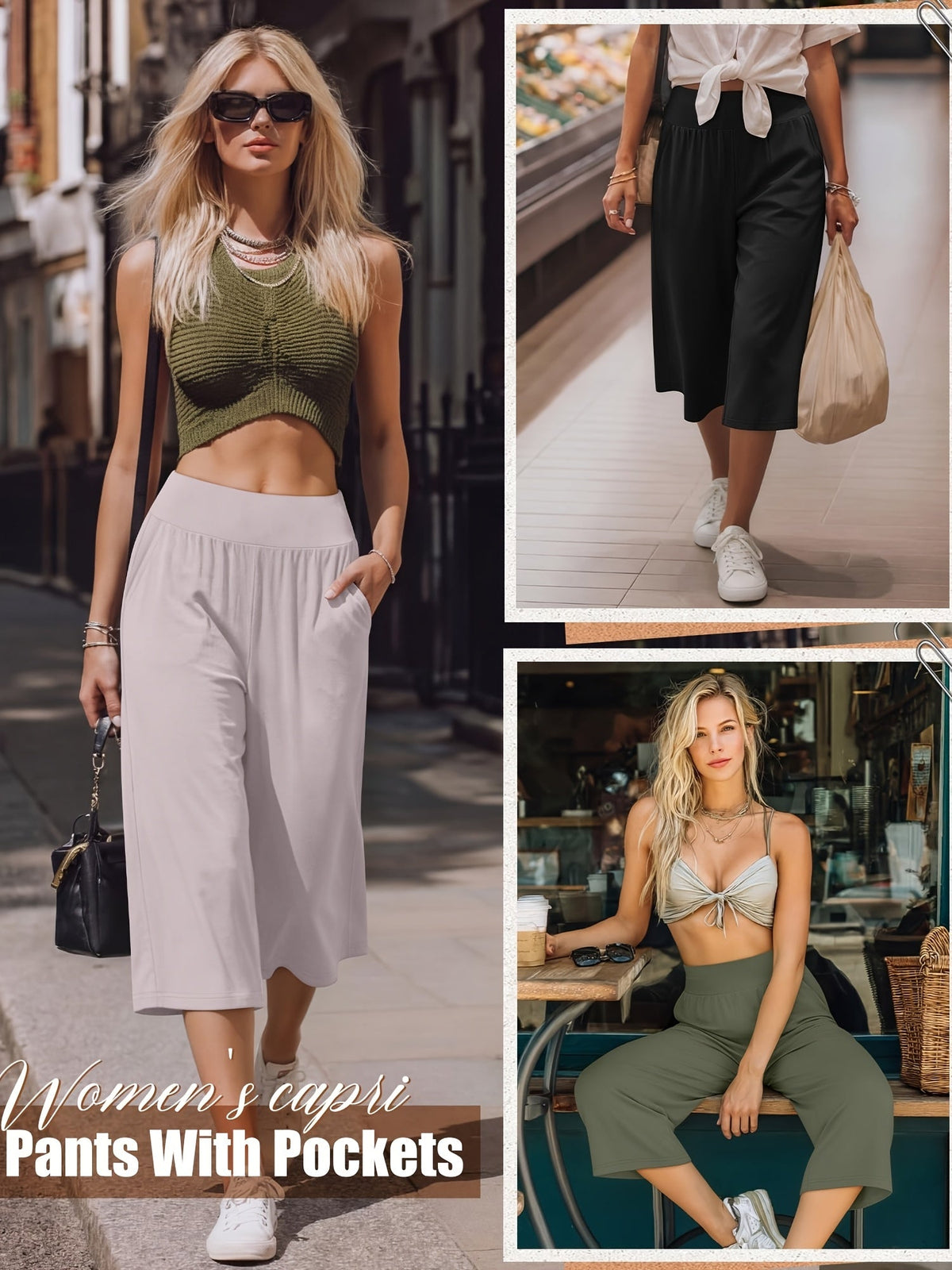 Lot de 3 pantalons Capri pour femme – Pantalons de jogging amples style détente, coupés avec poches et taille élastique, pantalon Capri de yoga pour le printemps, l'été, l'automne et les tenues décontractées du week-end