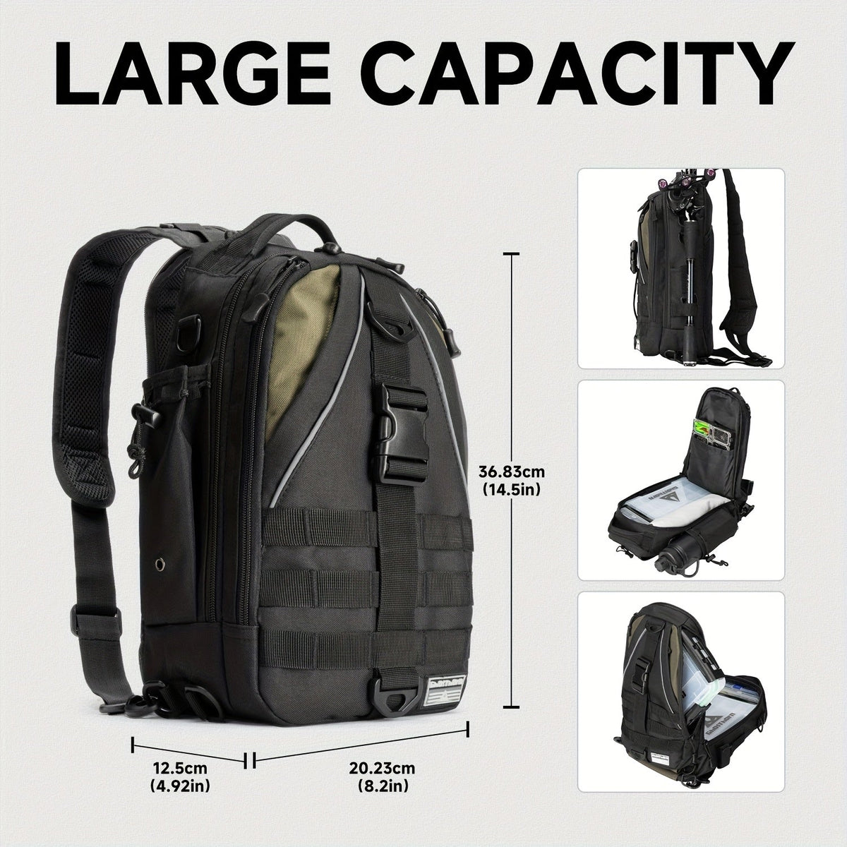 Sac à dos de pêche avec porte-canne – Sac bandoulière imperméable pour randonnée, pêche à la mouche, rangement de boîte à pêche, cadeau pour papa pêcheur