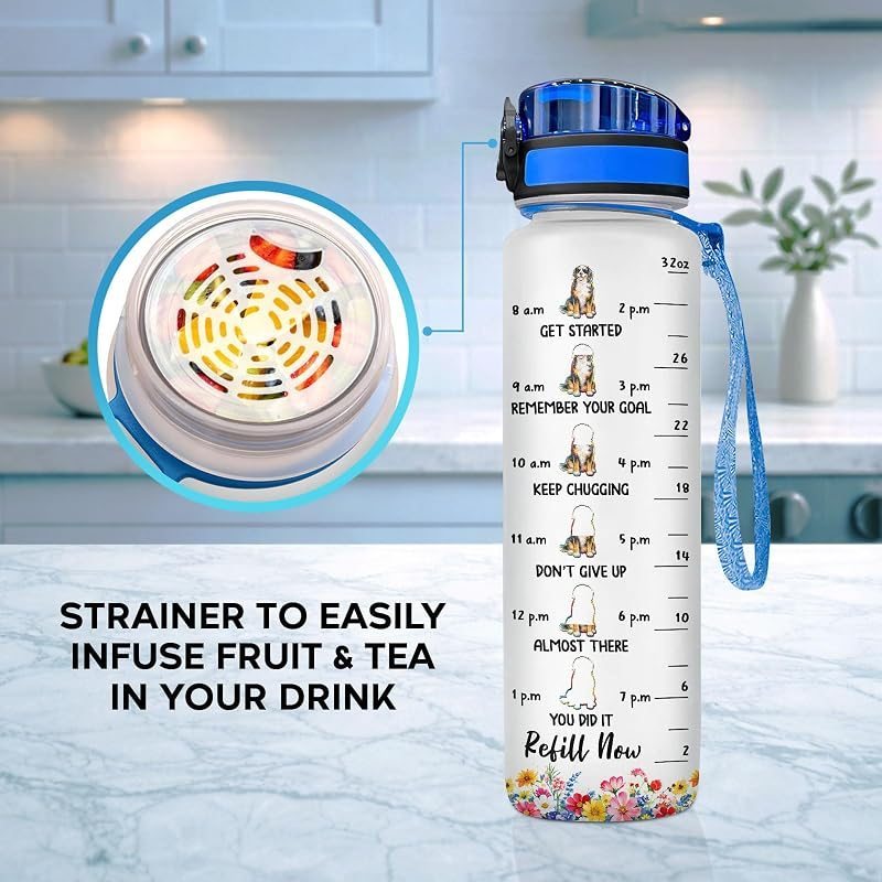 Gourde Bouvier bernois 950 ml avec marqueur temporel et couvercle rabattable – Gourde de sport motivante avec suivi d'hydratation et dragonne, cadeau réutilisable sans BPA pour les amoureux des chiens