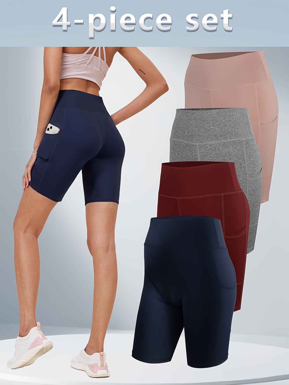 Shorts de yoga taille haute pour femmes, lot de 4, effet push-up, 5 poches – Shorts de sport respirants, extensibles et sans couture pour l'été, le yoga, le Pilates et l'entraînement en salle (Rouge, Noir, Gris, Bleu marine)