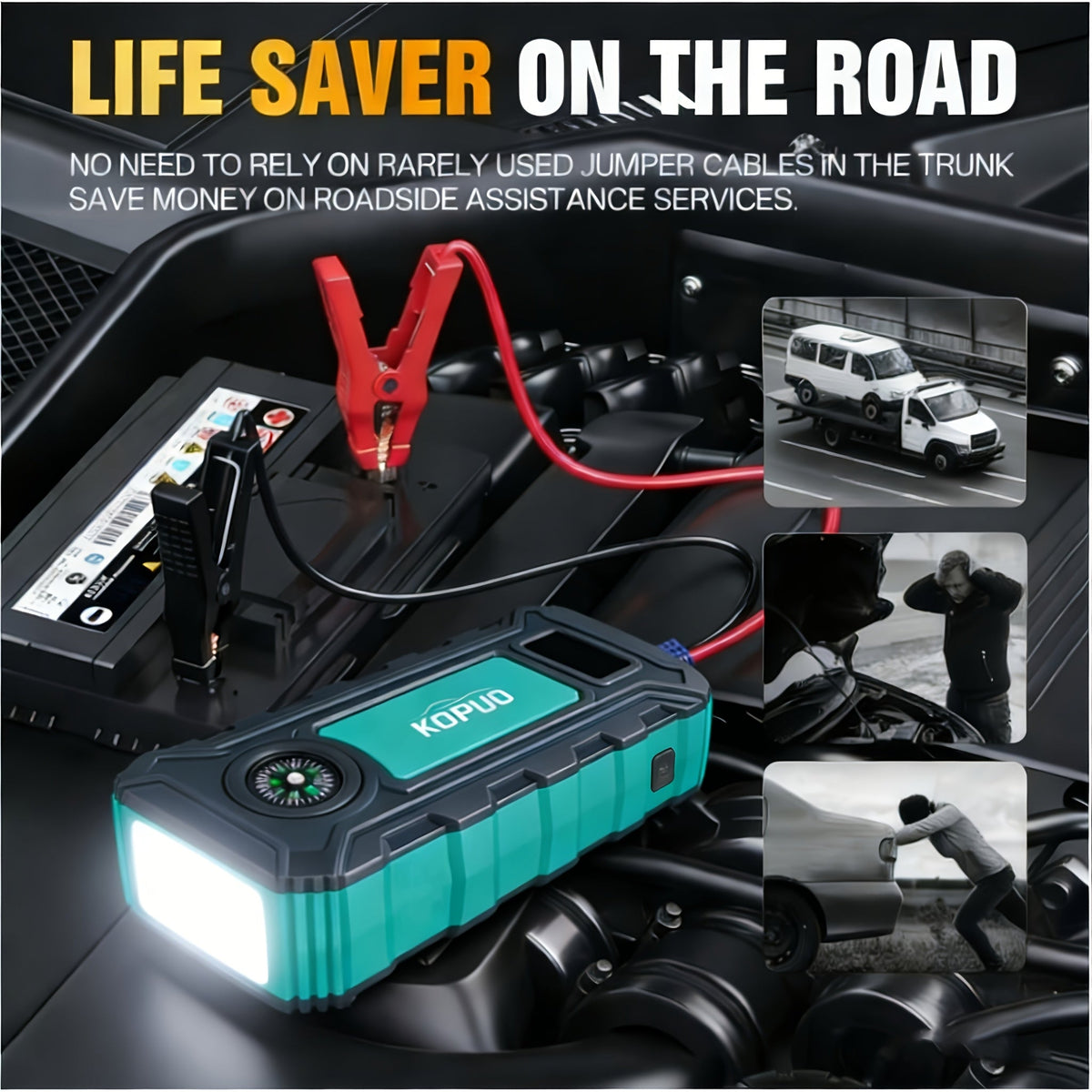 Démarreur de voiture portable 5000A/6000A – Booster de batterie 12V pour véhicules essence et diesel, batterie externe à charge rapide 65W, lampe de poche LED et écran LCD, bloc de démarrage d'urgence compact