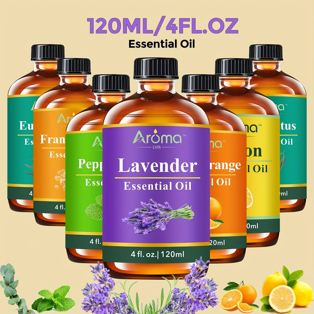 Huiles essentielles 100 % naturelles 118 ml – Lavande, eucalyptus, encens, menthe poivrée, citron, orange douce pour diffuseur, aromathérapie, savon, bougie, huile corporelle