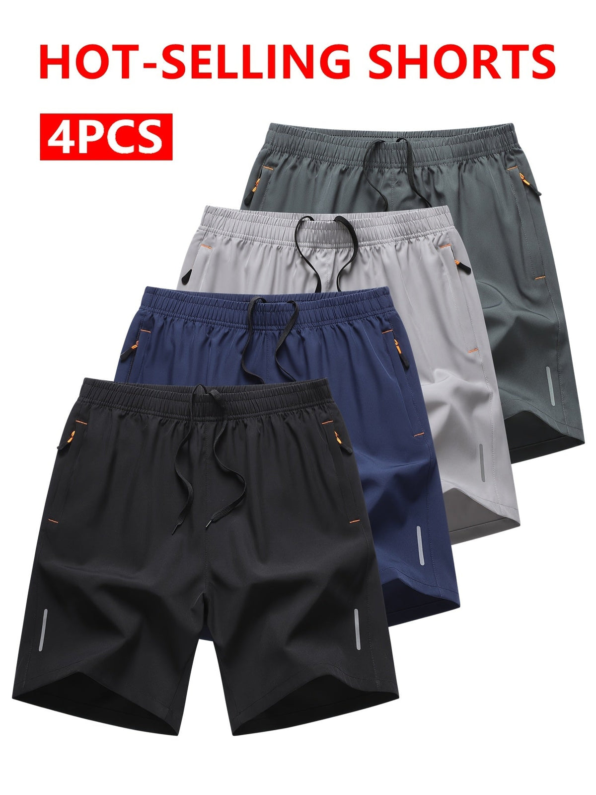 Lot de 4 shorts de sport pour homme, séchage rapide, légers et respirants, poches zippées, taille à cordon, coupe ample pour la course, la salle de sport, le vélo, le basket-ball, le tennis, les sports de plein air et la plage - Couleurs variées S-XXXL