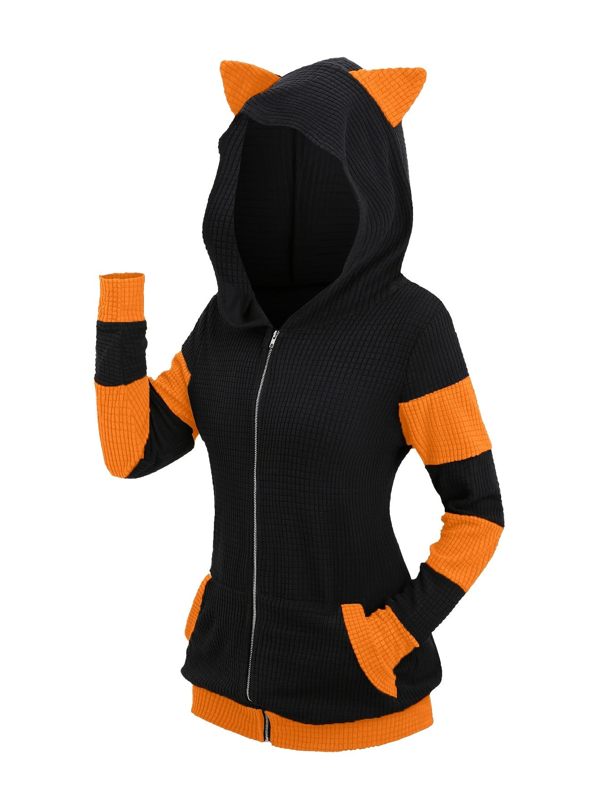 Veste à capuche avec oreilles de chat pour femme, sweat-shirt mi-long à fermeture éclair, style color-block, automne-hiver – Vêtement d'extérieur décontracté, chaud et épais, S-XXL