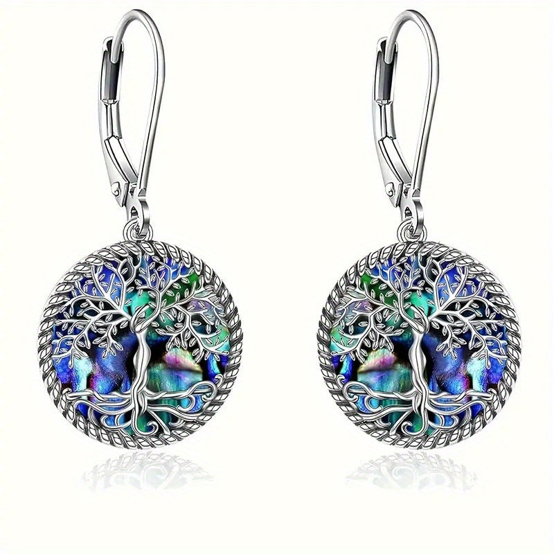 Boucles d'oreilles pendantes Arbre de vie en argent sterling 925 et nacre d'ormeau pour femme – Parure de bijoux spirituels bohèmes