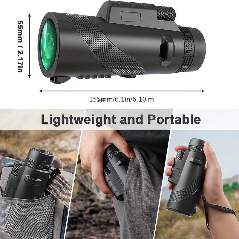 Monoculaire HD 10x42 avec adaptateur pour téléphone et trépied – Longue-vue compacte à lentilles FMC pour l'observation des oiseaux, la faune, la randonnée, le camping, les concerts et le sport – Noir et vert, cadeau de Noël