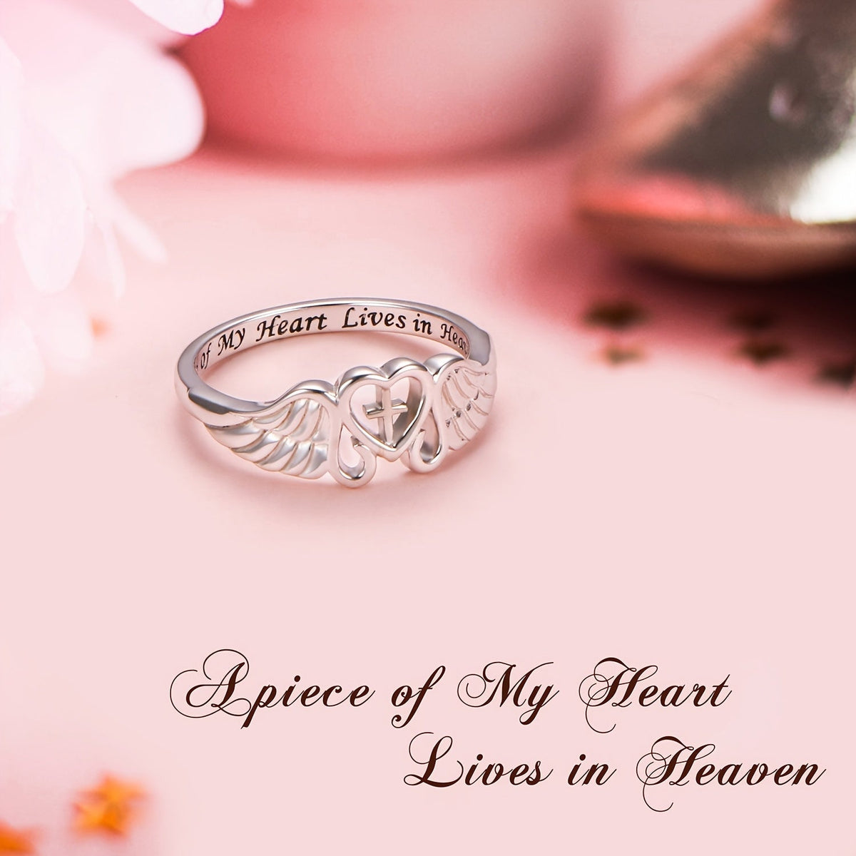 Bague commémorative aile d'ange en argent sterling S925 – Une partie de mon cœur vit au ciel, plaquée rhodium, cadeau de sympathie pour la perte d'une maman, d'un papa, d'un grand-parent, d'une fille ou d'un fils, tailles 5-10