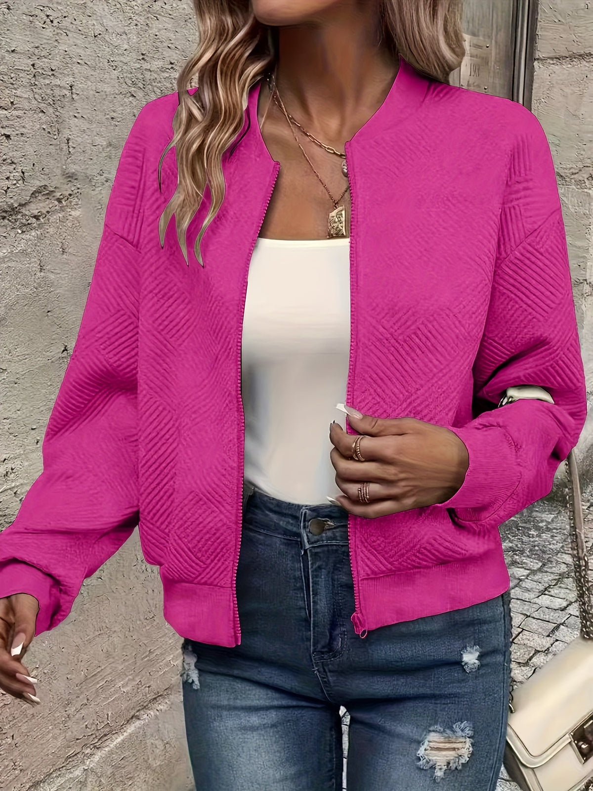Veste zippée style baseball pour femme - Vêtement d'extérieur décontracté de couleur unie | Manteau sportif doublé en polyester avec bords-côtes, nouveauté mode automne-printemps