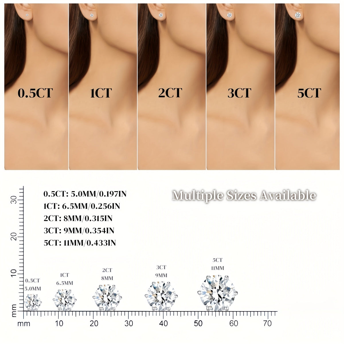 Boucles d'oreilles puces en moissanite, couleur D, pureté VVS, taille ronde brillant, argent sterling 925 – Options de 1 ct à 10 ct, pochette en velours et chiffon de polissage inclus, cadeau idéal pour un anniversaire, Noël et la Saint-Valentin (4,25 g)