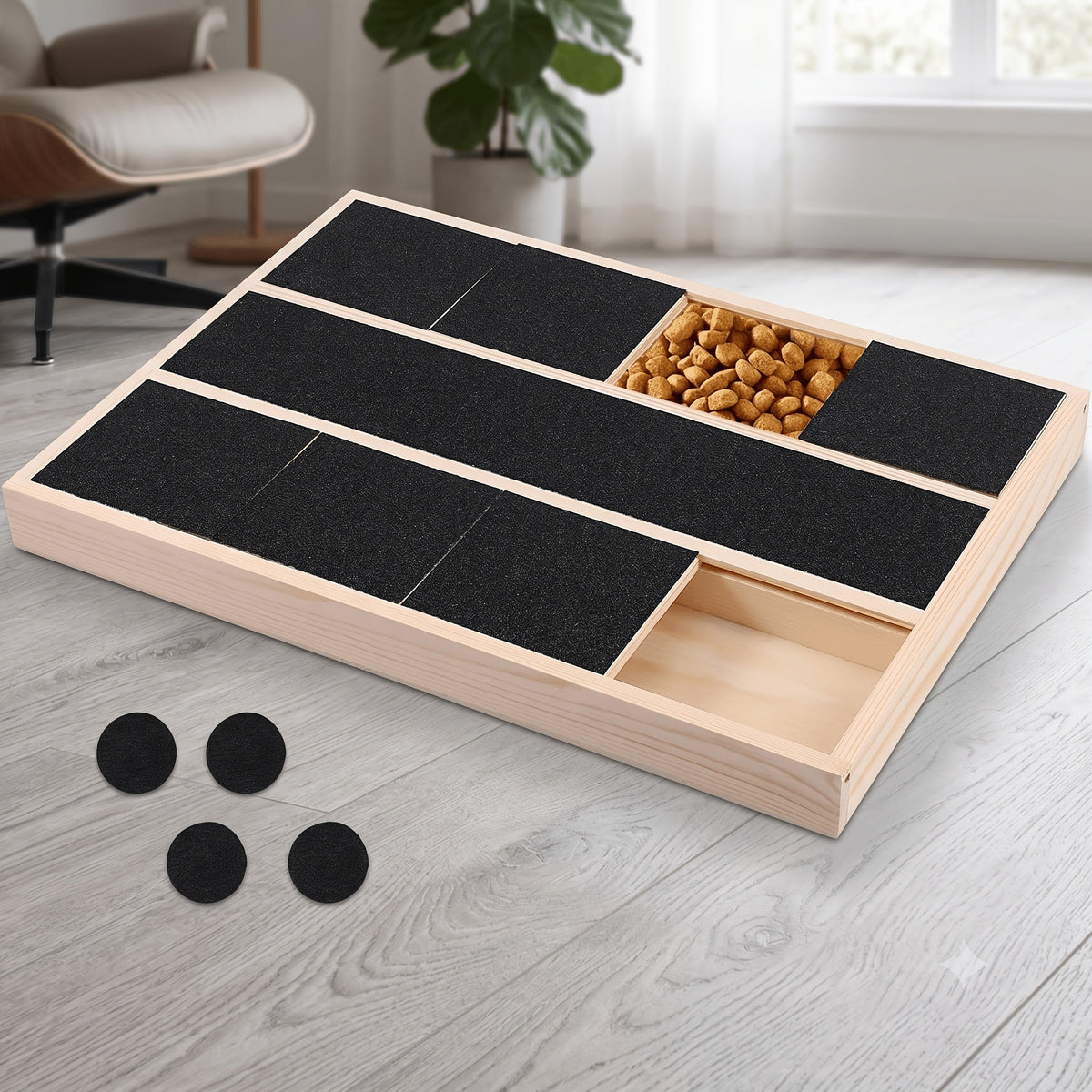 Distributeur de friandises 2-en-1 en bois pour chien et chat avec lime à griffes – Jouet interactif à alimentation lente à 6 compartiments et griffoir pour petits et moyens animaux, enrichissement comportemental et stimulation mentale