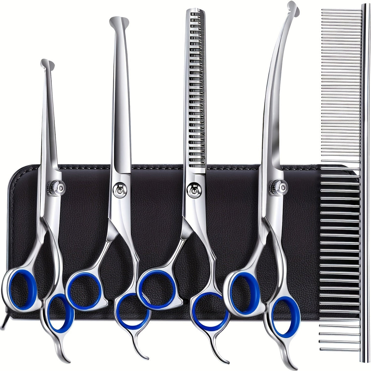 Kit de ciseaux de toilettage professionnels pour animaux 6 en 1 – Acier inoxydable 4CR revêtu de titane, bouts ronds de sécurité, universels pour droitiers et gauchers, ciseaux de toilettage robustes pour chiens, chats et tous les animaux