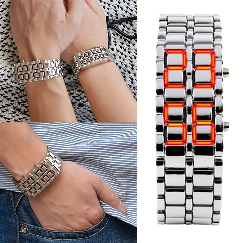 Montre numérique LED Lava pour hommes, femmes et adolescents – Montre-bracelet stylée en acier inoxydable pour couples, affichage LED bleu et rouge, style décontracté pour l'extérieur, 3 couleurs, cadeau pour étudiants