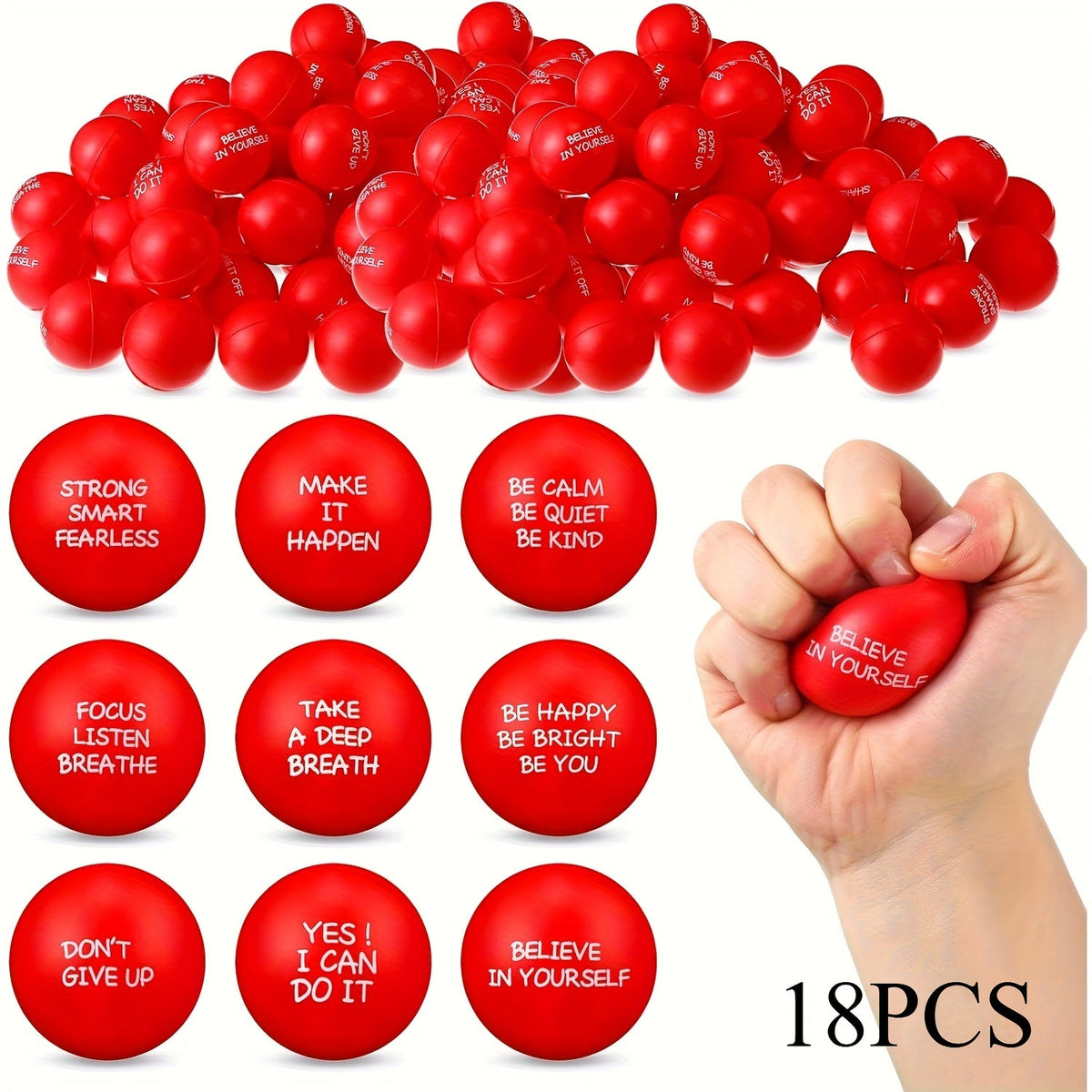 Lot de 18 ou 36 mini balles anti-stress avec citations motivantes de 4 cm, jouets à presser pour récompenses scolaires, cadeaux de fête, Pâques, printemps, rentrée des classes ou cadeaux d'équipe de bureau, rose, rouge, bleu, vert, jaune