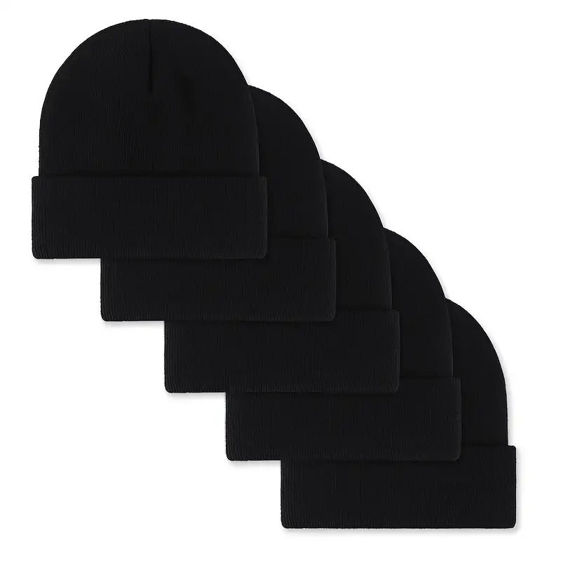 Lot de 5 bonnets unisexe en tricot pour hommes et femmes - Bonnets chauds, coupe-vent et doux en acrylique pour le ski en hiver, les activités en extérieur et le quotidien, bonnets légers et extensibles à revers, excellente idée cadeau