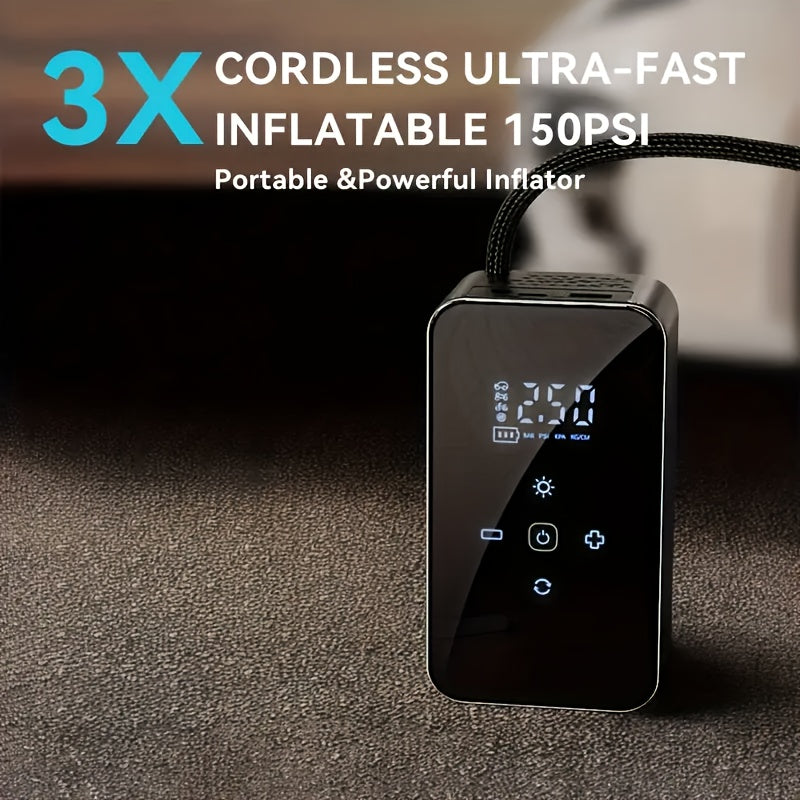 Compresseur d'air portable rechargeable par USB-C – Pompe à air sans fil 150 PSI avec manomètre numérique, éclairage LED et 5 modes de gonflage pour voiture, moto, vélo, ballon – Outil de garage léger
