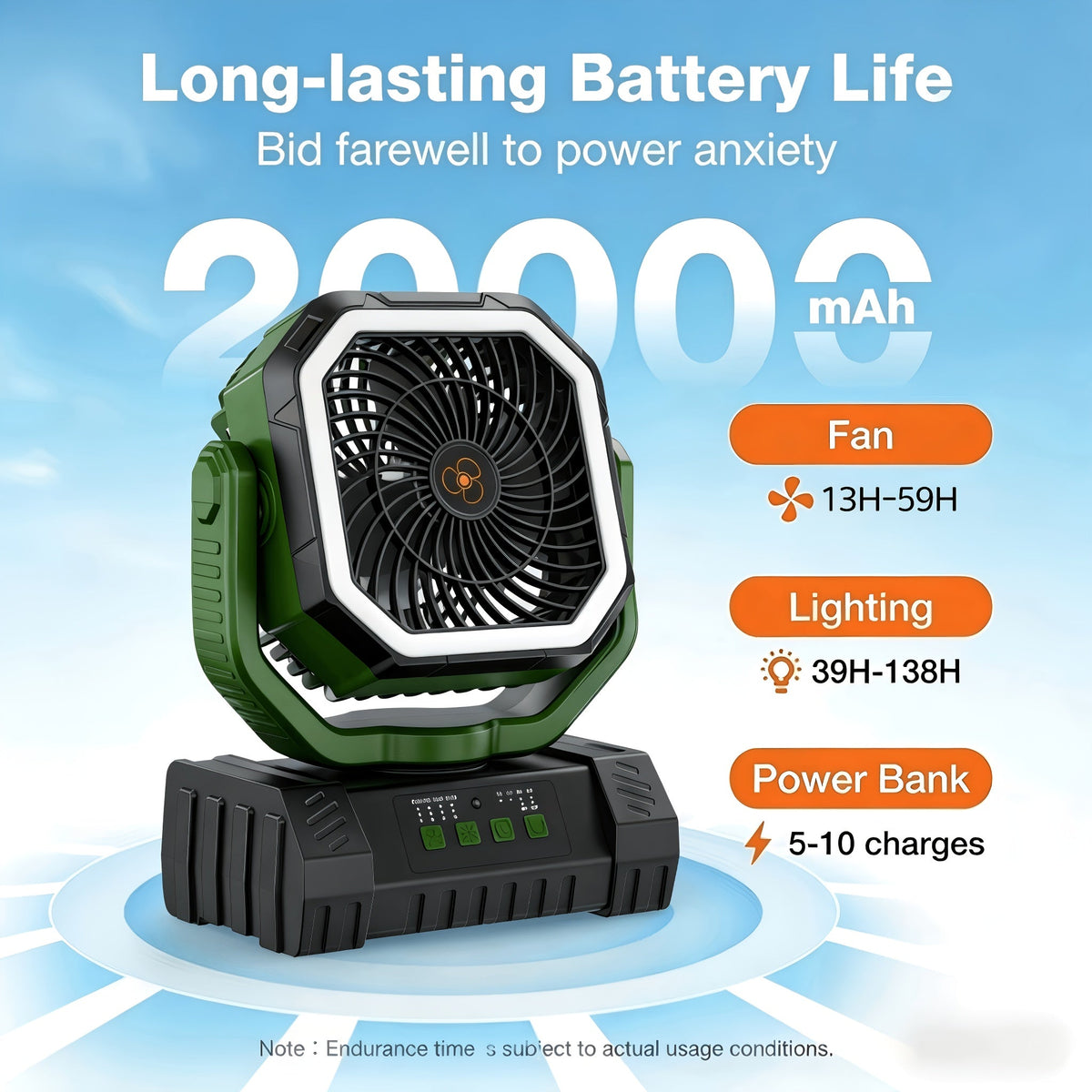 Ventilateur de camping à batterie 20 000 mAh, autonomie 59 h – Ventilateur oscillant portable rechargeable avec télécommande, 4 vitesses, éclairage LED et crochet pour tente, extérieur, terrasse, garage, coupure de courant ou ouragan