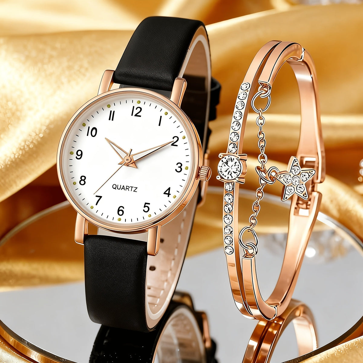 Coffret montre cœur orné de strass pour femme – 2 montres à quartz avec bracelet en similicuir, ensemble de montres-bracelets or rose et rose, idée cadeau pour la Saint-Valentin, les anniversaires et les fêtes