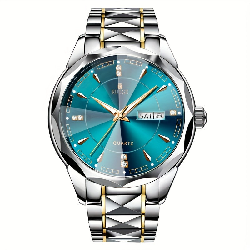Montre à quartz pour homme RUIGE – Veilleuse, double calendrier, cadran à facettes façon diamant, boîtier en acier inoxydable, bracelet en alliage, montre-bracelet business décontracté, cadeau idéal pour la fête des pères