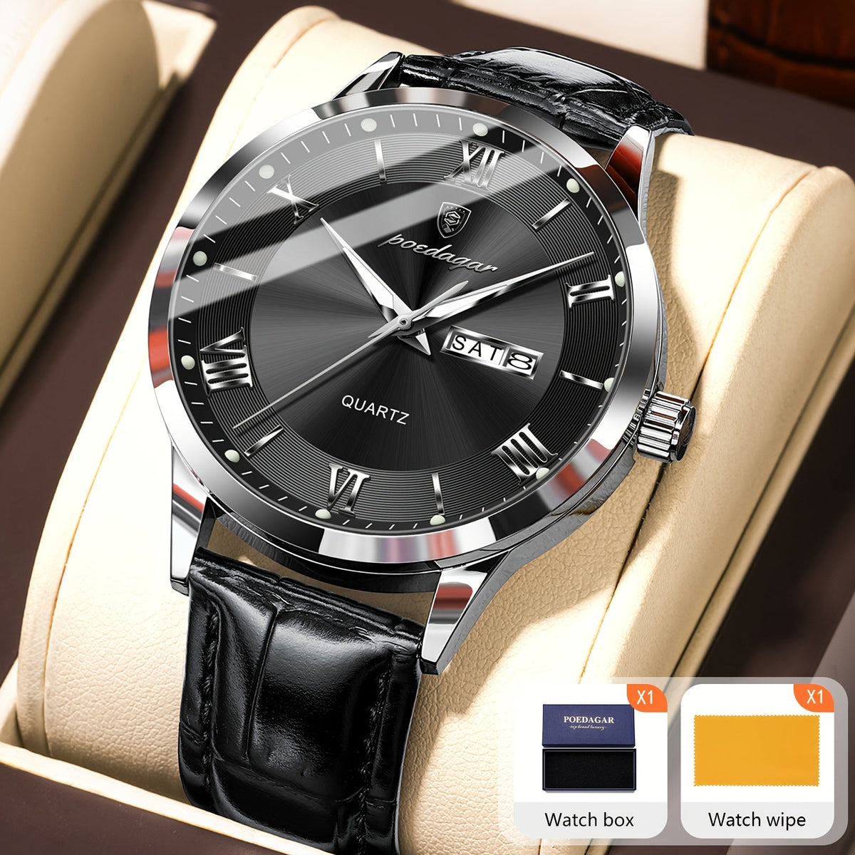 Montre à quartz pour homme POEDAGAR, étanche, cadran lumineux, affichage du calendrier et de la semaine – Montre-bracelet analogique de sport décontracté, boîtier en alliage, 11 couleurs argent, or, noir, bleu, cadeau pour homme